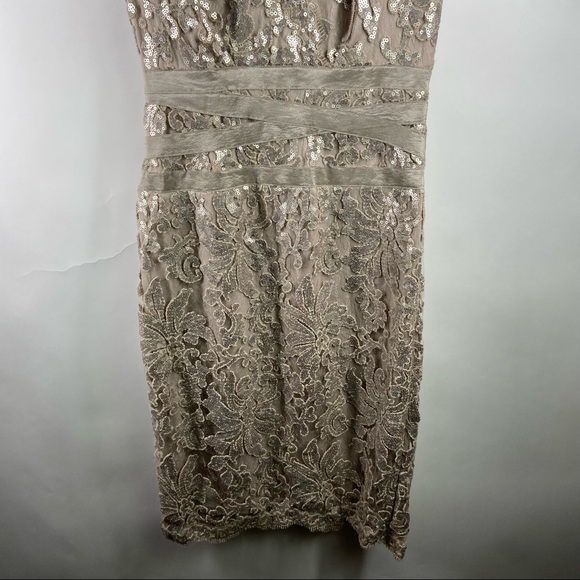 Tadashi Shoji 6 Gold Sequin Lace Floral Sheer Cocktail Party MOB Dress Paillette - Picture 4 of 12